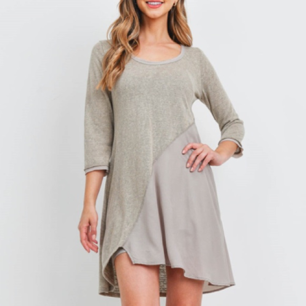 Taupe 3/4 sleeve round neck asymmetric hem two-tone shift dress. CUTE! - Picture 7 of 10